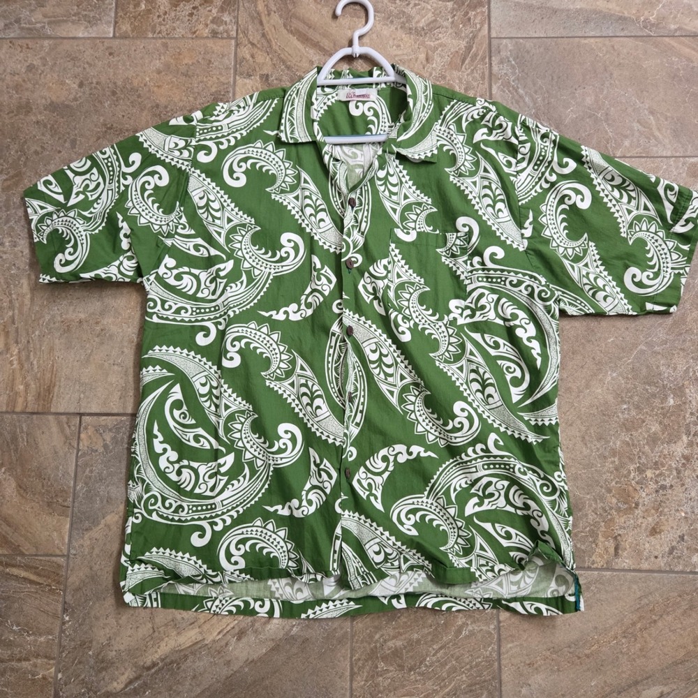 Mareko Island Creations Mens Green White Tribal Print Button‎ Up T Shirt 3XL